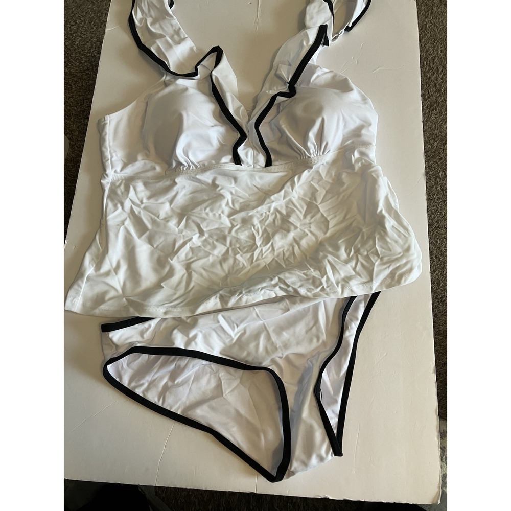Saodimallsu White V Neck Ruffle 2 Piece Tankini Tummy Control Swim Suit 2XL C946